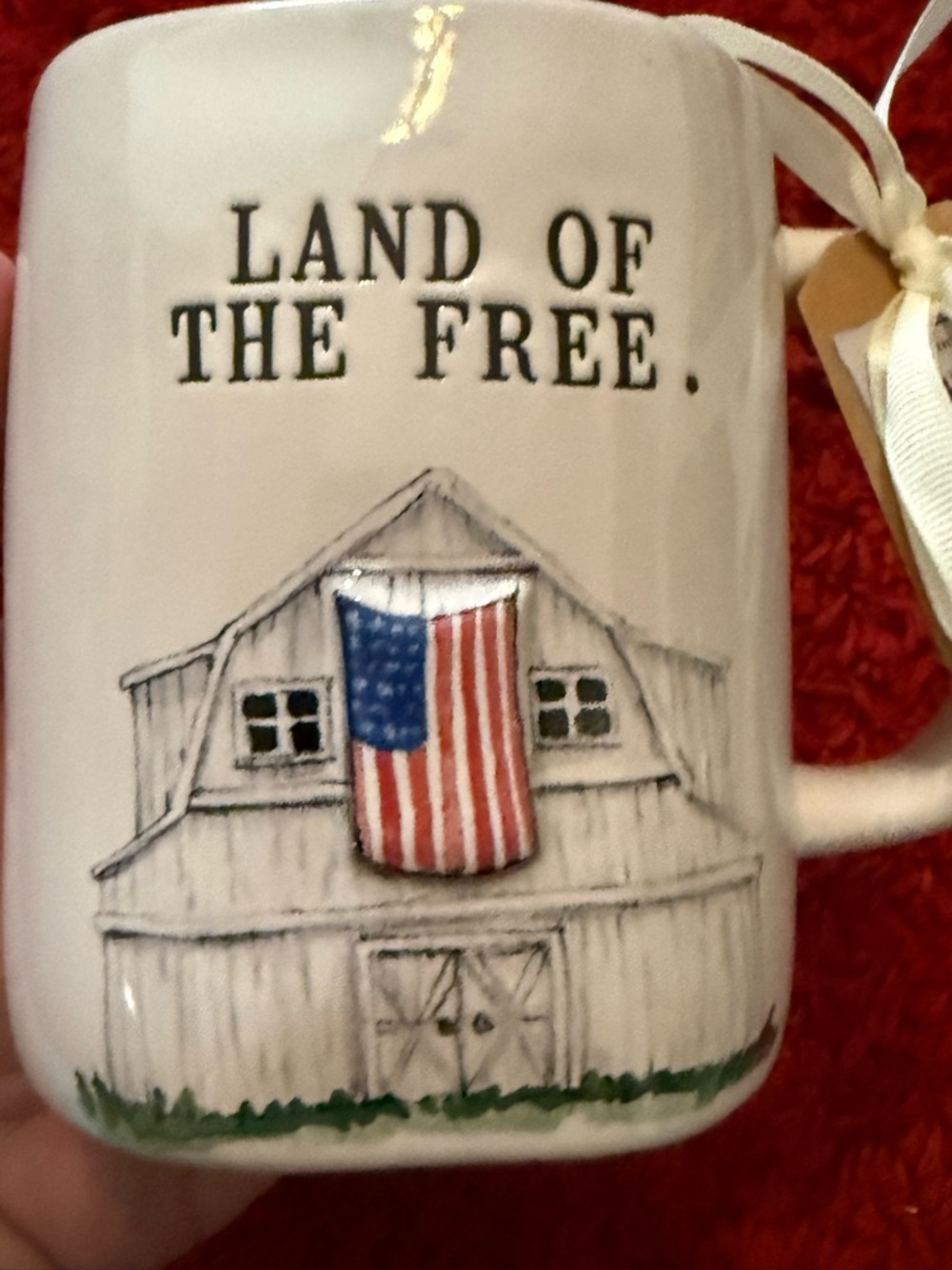 Rae Dunn White Mug with Patriotic Barn and 3D Flag Design- LAND OF THE FREE. NWT - Picture 3 of 5